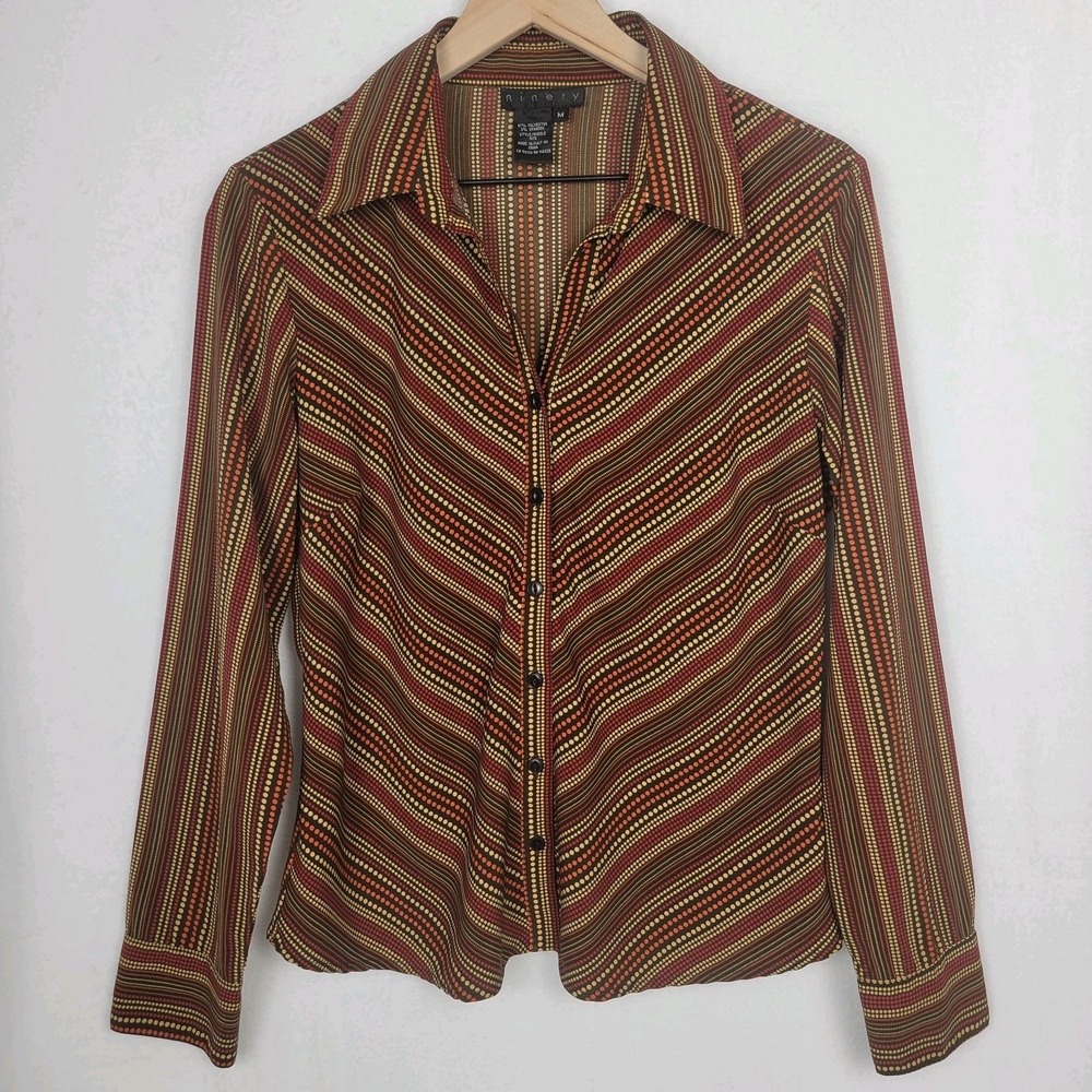 Ninety Micro Dot Button Up Long Sleeve Blouse M Brown Orange Retro Fall Wardrobe